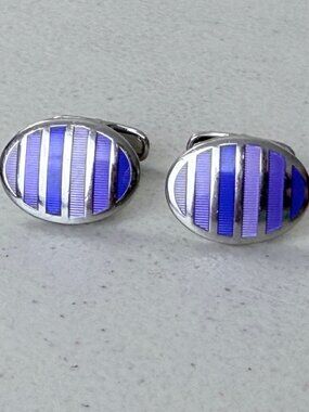 Vintage Purple Enamel Striped Cufflinks 90s Silver Tone Metal Cuff Links  Condit
